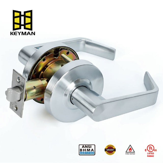 KEYMAN 商用门锁重型 2 级杠杆，非手动，UL 3 小时防火等级，缎面镀铬表面，2-3/4'' 靠背，通道锁